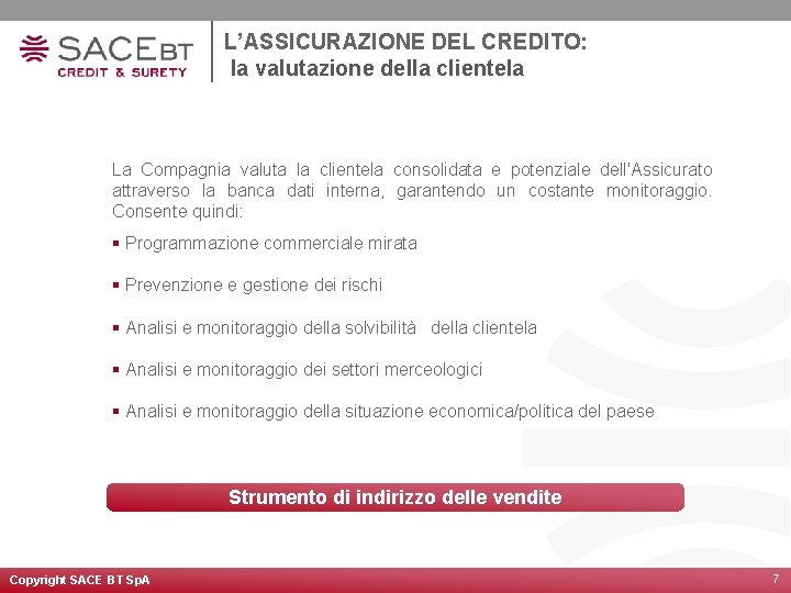 L’ASSICURAZIONE DEL CREDITO: la valutazione della clientela La Compagnia valuta la clientela consolidata e