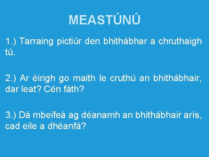 MEASTÚNÚ 1. ) Tarraing pictiúr den bhithábhar a chruthaigh tú. 2. ) Ar éirigh