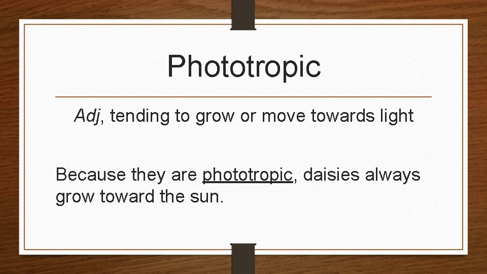Phototropic Adj, tending to grow or move towards light Because they are phototropic, daisies