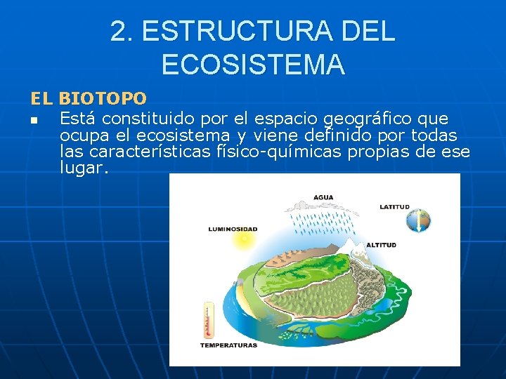 2. ESTRUCTURA DEL ECOSISTEMA EL BIOTOPO n Está constituido por el espacio geográfico que