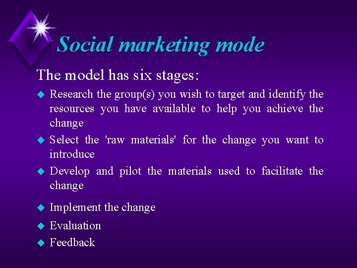 Social marketing mode The model has six stages: u u u Research the group(s)