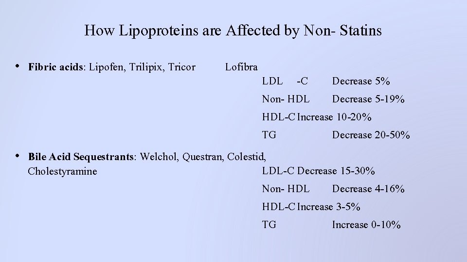 How Lipoproteins are Affected by Non- Statins • Fibric acids: Lipofen, Trilipix, Tricor Lofibra