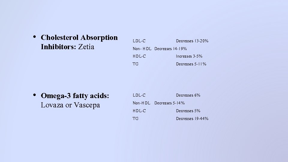 • Cholesterol Absorption Inhibitors: Zetia • Omega-3 fatty acids: Lovaza or Vascepa LDL-C