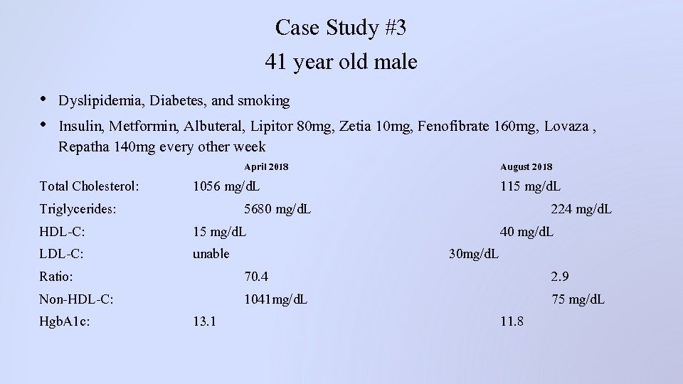 Case Study #3 41 year old male • Dyslipidemia, Diabetes, and smoking • Insulin,