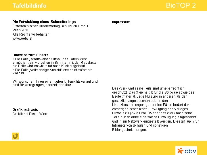 Bio. TOP 2 Tafelbildinfo Die Entwicklung eines Schmetterlings Österreichischer Bundesverlag Schulbuch Gmb. H, Wien