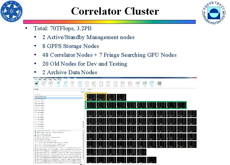 Correlator Cluster • Total: 70 TFlops, 3. 2 PB • 2 Active/Standby Management nodes