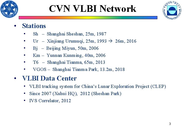 CVN VLBI Network • Stations • • • Sh – Shanghai Sheshan, 25 m,