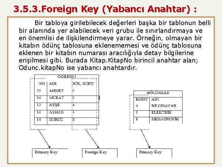 3. 5. 3. Foreign Key (Yabancı Anahtar) : Bir tabloya girilebilecek değerleri başka bir