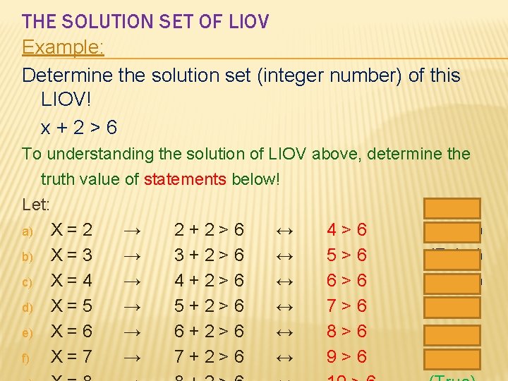 THE SOLUTION SET OF LIOV Example: Determine the solution set (integer number) of this