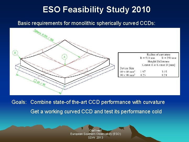 ESO Feasibility Study 2010 Basic requirements for monolithic spherically curved CCDs: Goals: Combine state-of