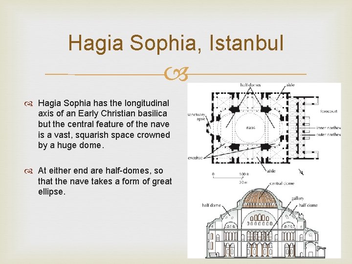 Hagia Sophia, Istanbul Hagia Sophia has the longitudinal axis of an Early Christian basilica