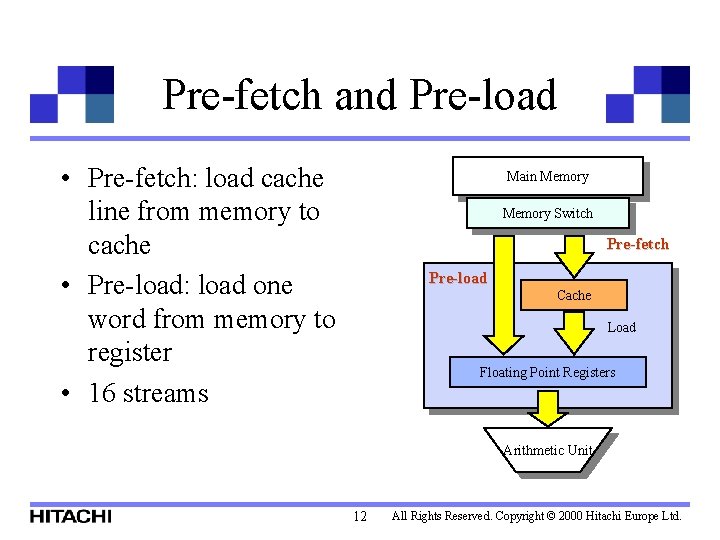 Pre-fetch and Pre-load • Pre-fetch: load cache line from memory to cache • Pre-load: