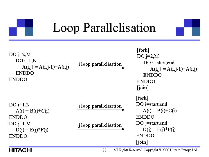 Loop Parallelisation DO j=2, M DO i=1, N A(i, j) = A(i, j-1)+A(i, j)