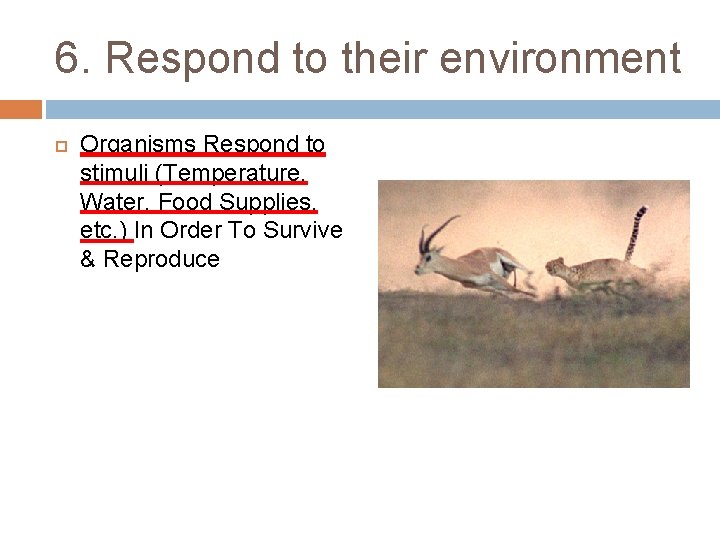6. Respond to their environment Organisms Respond to stimuli (Temperature, Water, Food Supplies, etc.