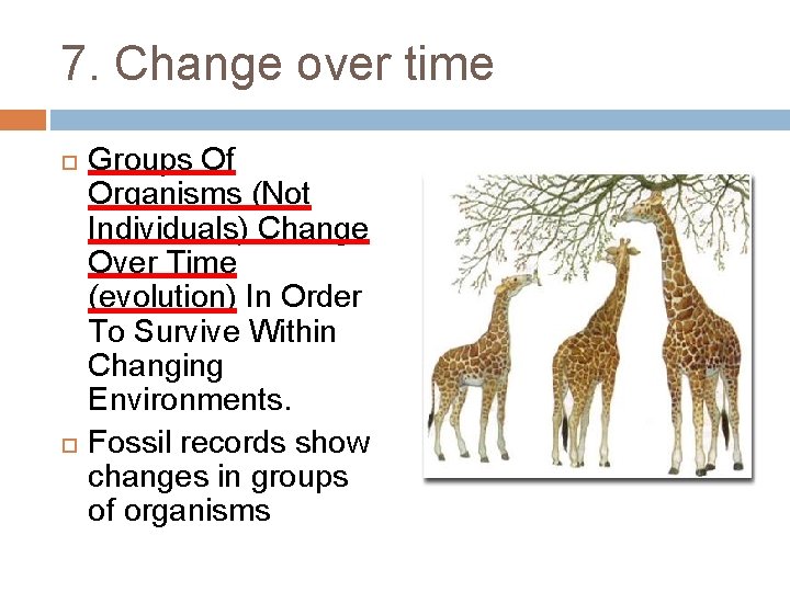 7. Change over time Groups Of Organisms (Not Individuals) Change Over Time (evolution) In