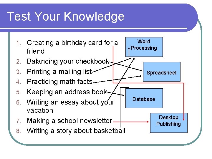 Test Your Knowledge 1. 2. 3. 4. 5. 6. 7. 8. Creating a birthday