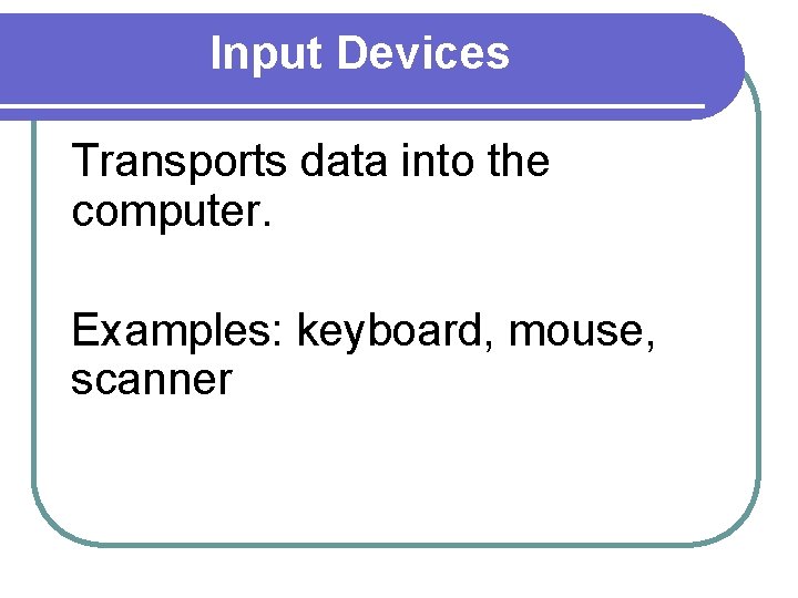 Input Devices Transports data into the computer. Examples: keyboard, mouse, scanner 