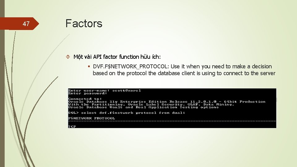 47 Factors Một vài API factor function hữu ích: § DVF. F$NETWORK_PROTOCOL: Use it