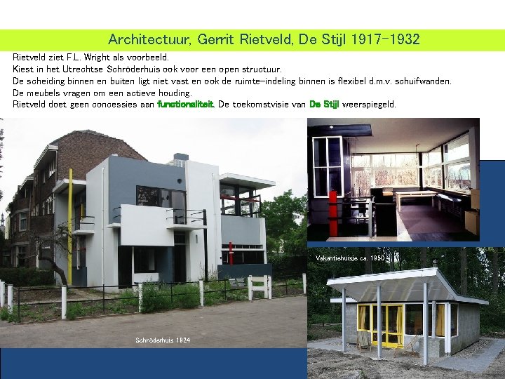 Architectuur, Gerrit Rietveld, De Stijl 1917 -1932 Rietveld ziet F. L. Wright als voorbeeld.