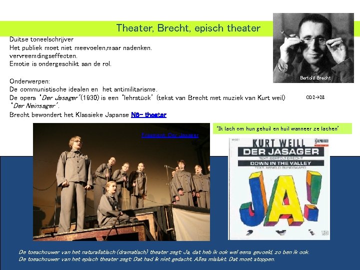 Theater, Brecht, episch theater Duitse toneelschrijver Het publiek moet niet meevoelen, maar nadenken. vervreemdingseffecten.