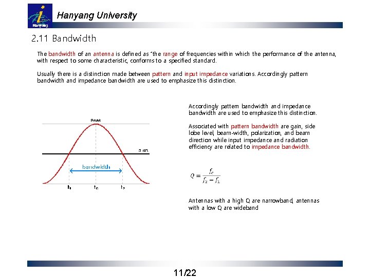 Hanyang University 2. 11 Bandwidth The bandwidth of an antenna is defined as “the
