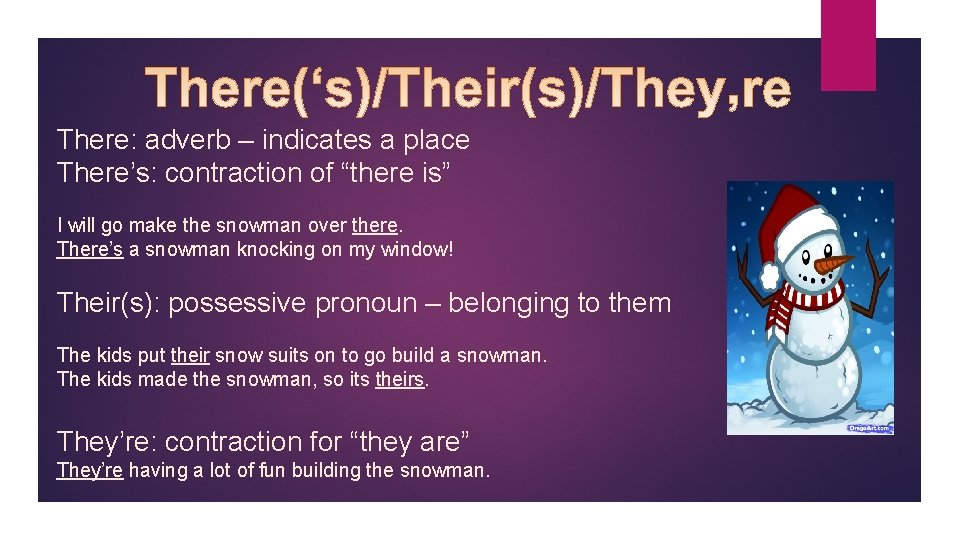 There: adverb – indicates a place There’s: contraction of “there is” I will go