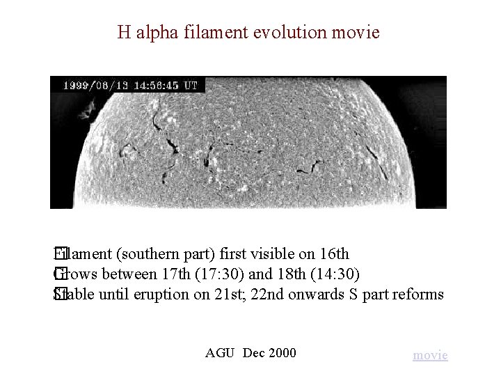 H alpha filament evolution movie �ilament (southern part) first visible on 16 th F