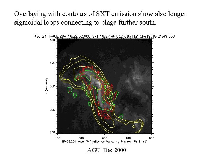 Overlaying with contours of SXT emission show also longer sigmoidal loops connecting to plage