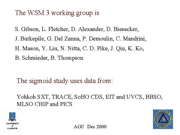 The WSM 3 working group is S. Gibson, L. Fletcher, D. Alexander, D. Biesecker,