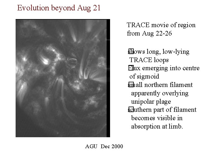 Evolution beyond Aug 21 TRACE movie of region from Aug 22 -26 s� hows