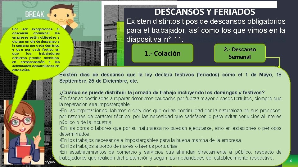 DESCANSOS Y FERIADOS Por ser excepciones al descanso dominical las empresas están obligadas a