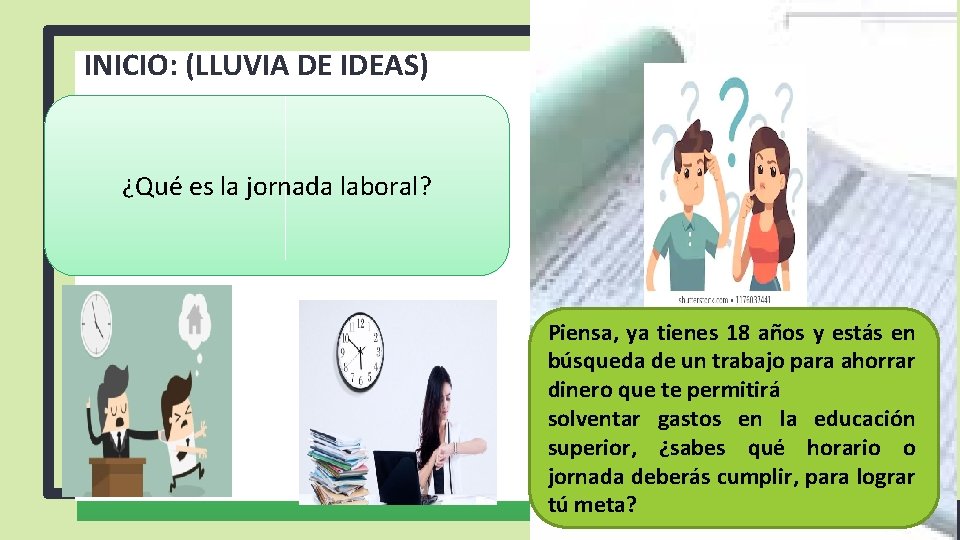 INICIO: (LLUVIA DE IDEAS) ¿Qué es la jornada laboral? Piensa, ya tienes 18 años