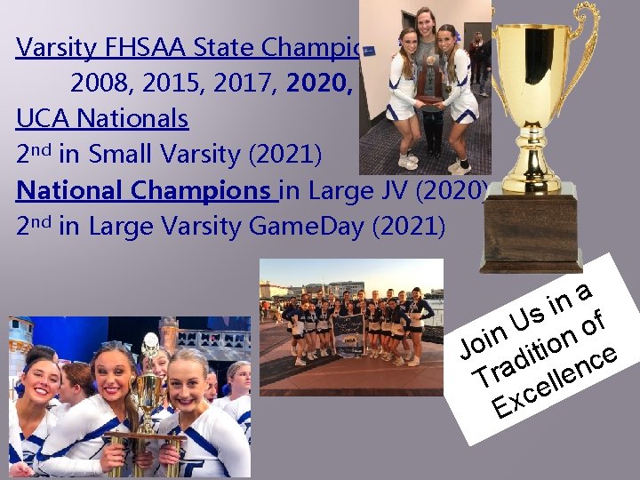 Varsity FHSAA State Champions 2008, 2015, 2017, 2020, 2021 UCA Nationals 2 nd in