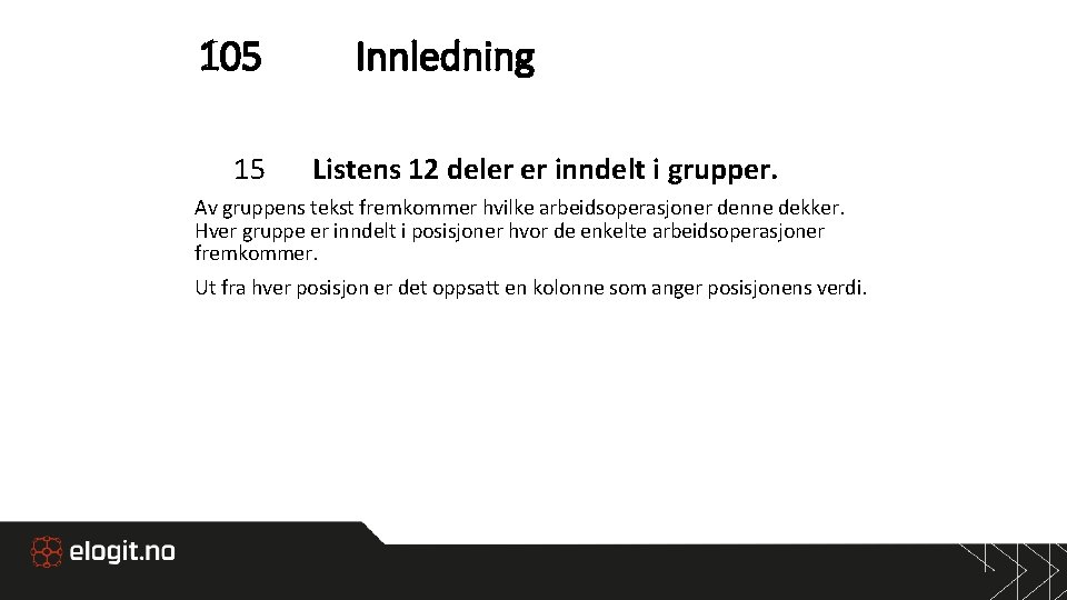 105 15 Innledning Listens 12 deler er inndelt i grupper. Av gruppens tekst fremkommer