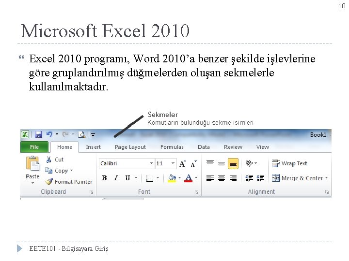 10 Microsoft Excel 2010 programı, Word 2010’a benzer şekilde işlevlerine göre gruplandırılmış düğmelerden oluşan