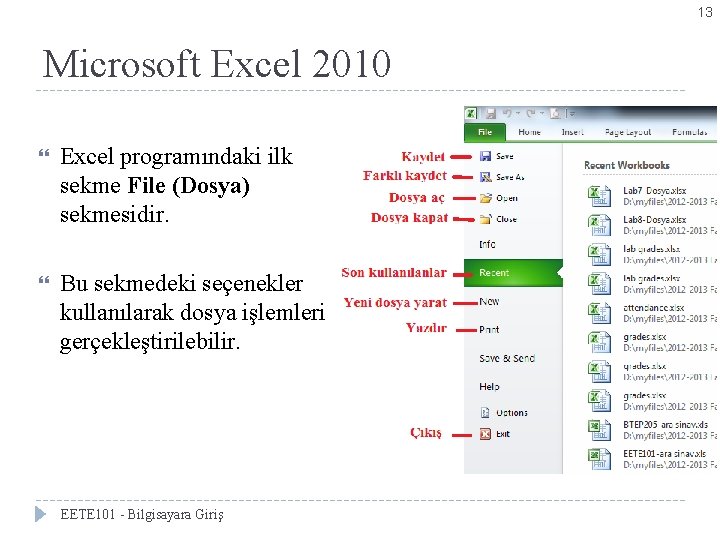 13 Microsoft Excel 2010 Excel programındaki ilk sekme File (Dosya) sekmesidir. Bu sekmedeki seçenekler