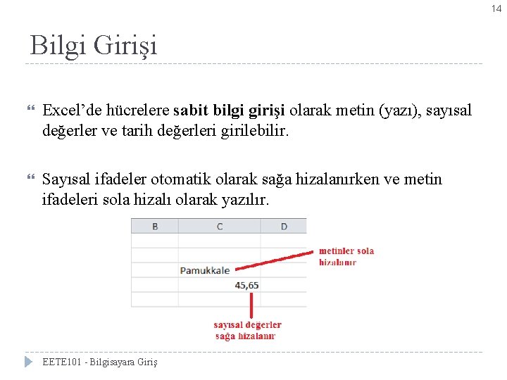 14 Bilgi Girişi Excel’de hücrelere sabit bilgi girişi olarak metin (yazı), sayısal değerler ve