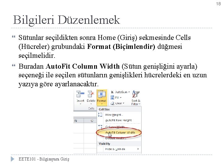 18 Bilgileri Düzenlemek Sütunlar seçildikten sonra Home (Giriş) sekmesinde Cells (Hücreler) grubundaki Format (Biçimlendir)