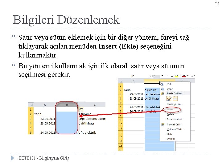 21 Bilgileri Düzenlemek Satır veya sütun eklemek için bir diğer yöntem, fareyi sağ tıklayarak