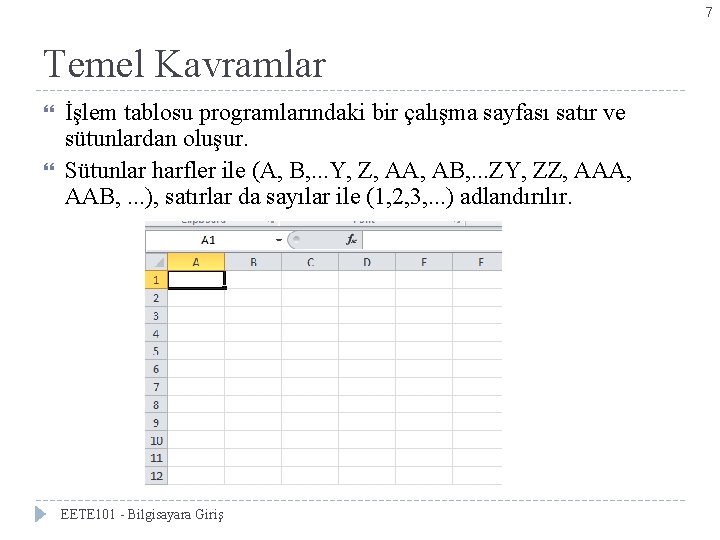 7 Temel Kavramlar İşlem tablosu programlarındaki bir çalışma sayfası satır ve sütunlardan oluşur. Sütunlar