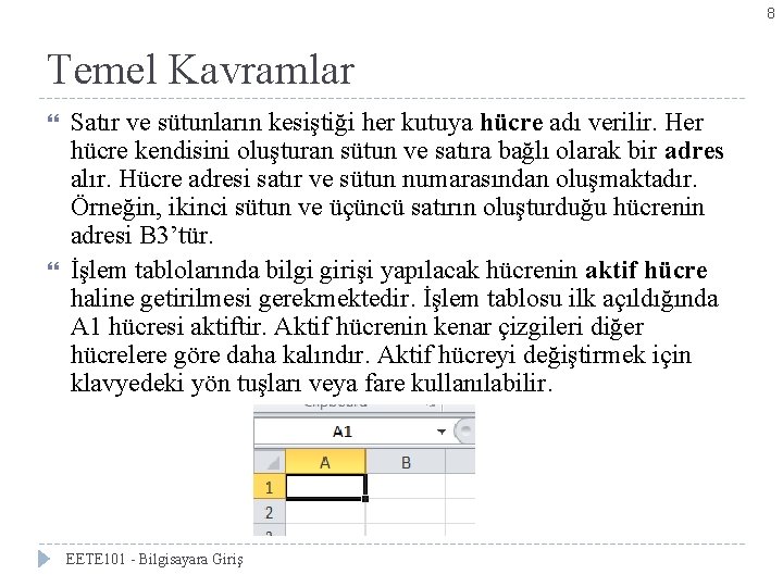8 Temel Kavramlar Satır ve sütunların kesiştiği her kutuya hücre adı verilir. Her hücre