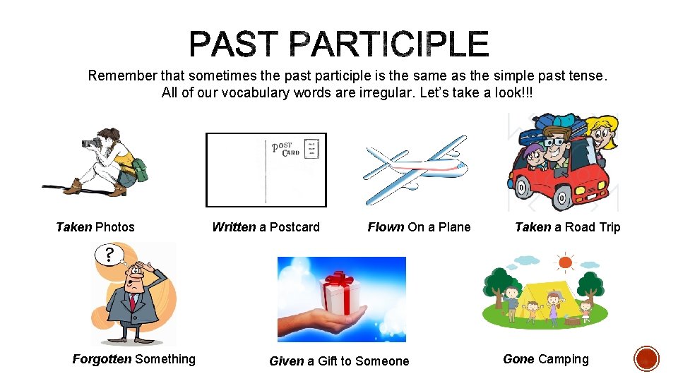 Remember that sometimes the past participle is the same as the simple past tense.