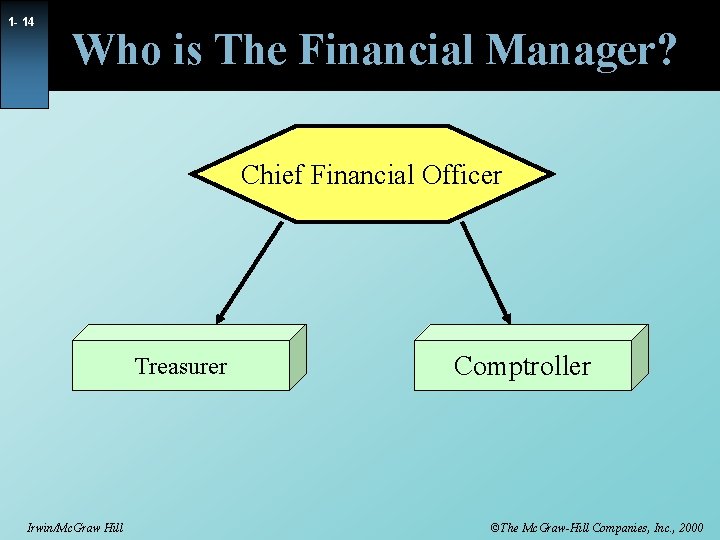 1 - 14 Who is The Financial Manager? Chief Financial Officer Treasurer Irwin/Mc. Graw