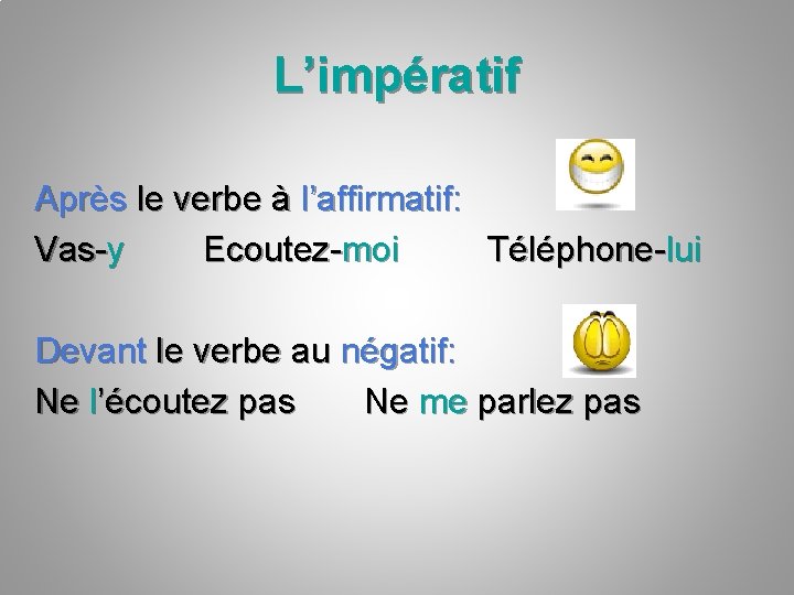 L’impératif Après le verbe à l’affirmatif: Vas-y Ecoutez-moi Téléphone-lui Devant le verbe au négatif: