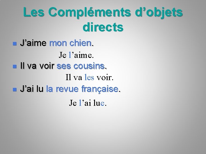 Les Compléments d’objets directs n n n J’aime mon chien. Je l’aime. Il va