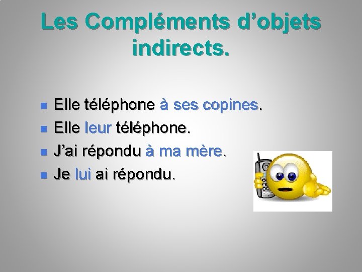 Les Compléments d’objets indirects. n n Elle téléphone à ses copines. Elle leur téléphone.