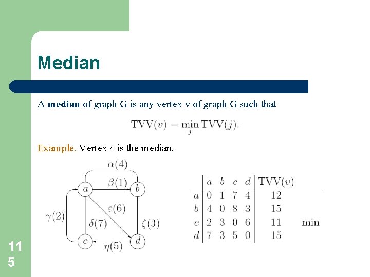 Median A median of graph G is any vertex v of graph G such Median A median of graph G is any vertex v of graph G such