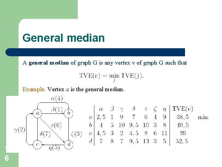 General median A general median of graph G is any vertex v of graph General median A general median of graph G is any vertex v of graph