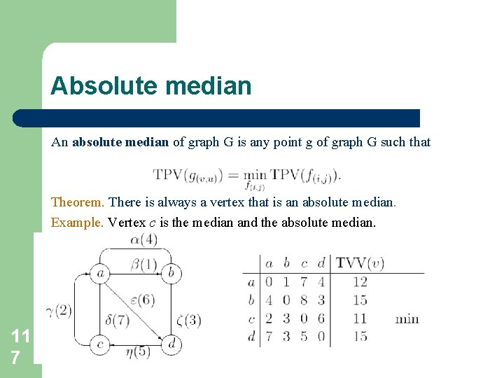 Absolute median An absolute median of graph G is any point g of graph Absolute median An absolute median of graph G is any point g of graph