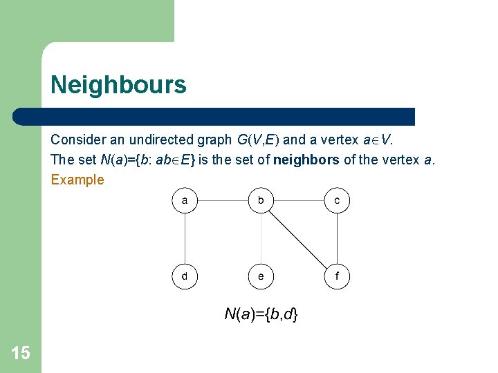Neighbours Consider an undirected graph G(V, E) and a vertex a V. The set Neighbours Consider an undirected graph G(V, E) and a vertex a V. The set
